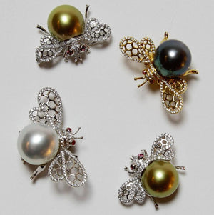 White South Sea Pearl Ruby Diamond White Gold Bumble Bee Brooch Pin