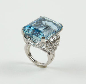 Estate 40 Carat Aquamarine Diamond Platinum Heirloom Ring