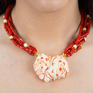 Beautiful Multi Strand Coral and Carved Cral Flower Pendant Necklace