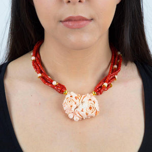 Beautiful Multi Strand Coral and Carved Cral Flower Pendant Necklace