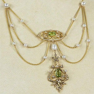 Antique Edwardian Peridot Pearl Gold Swag Necklace