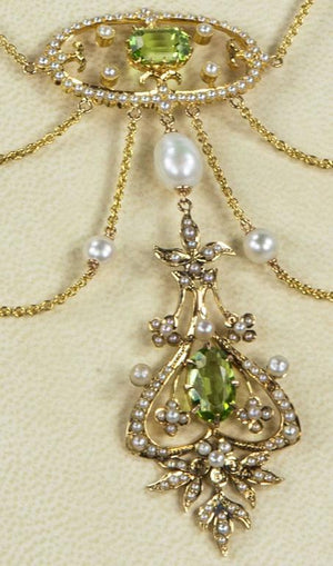 Antique Edwardian Peridot Pearl Gold Swag Necklace