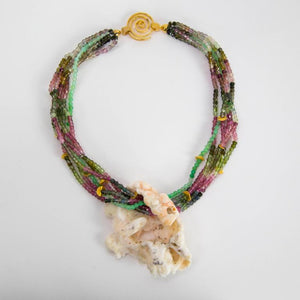 Multi Strand Tourmaline Jade and Carved Coral Runway Pendant Necklace