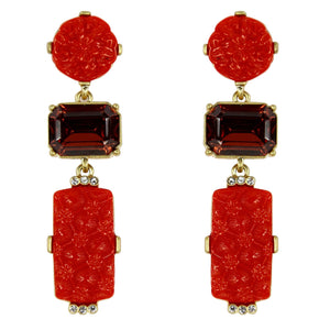 Festive Faux Red Coral and Faux Gemstone Statement Dangle Earrings