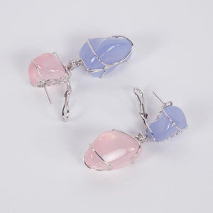 Pink Quartz and Blue Chalcedony Diamond Statement Earrings