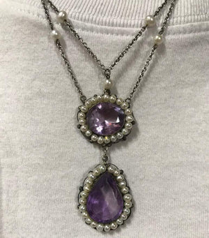 Antique Amethyst Pearl Sterling Silver Y Statement Necklace