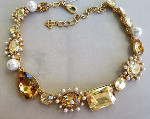 Oscar De La Renta Faux Pearls and Crystal Necklace and Drop Earrings Estate Find