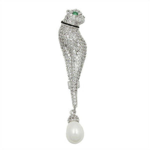 Majestic Vintage Faux Diamond Emerald Pearl Panther Estate Brooch Pendant