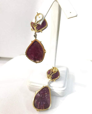 Ruby and Diamond 18 Karat Gold Drop Statement Earrings Estate Fine Jewelry