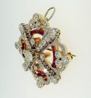 Antique Art Deco Ruby Diamond Platinum 18K Brooch Pendant Estate Fine Jewelry