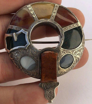 Victorian Sterling Silver Scottish Agate Garter Brooch Pin, circa 1890