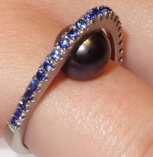Lucious Black Pearl and Blue Sapphire Sterling Silver Ring