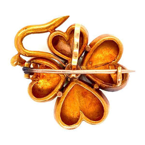 Enamel and Diamond Four Leaf Clover Gold Shamrock Brooch Pin Estate Fine Jewelry