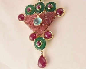 Tony Duquette Ruby, Star Ruby, Agate, Emerald and Diamond Gold Brooch Necklace