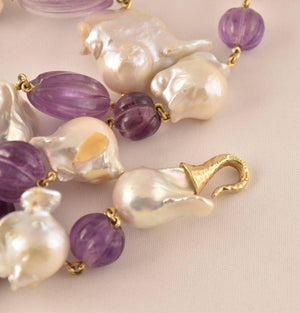 Exquisite Tony Duquette Fluted Amethyst and Pearl Statement Necklace