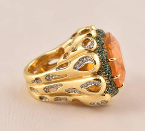 Beautiful Tony Duquette Fire Opal, Tsavorite and Diamond Gold Statement Ring