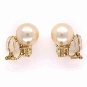 Vintage South Sea Pearl and Diamond Gold Earrings Estate Fine Jewelry