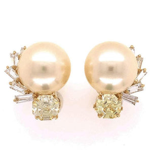 Vintage South Sea Pearl and Diamond Gold Earrings Estate Fine Jewelry