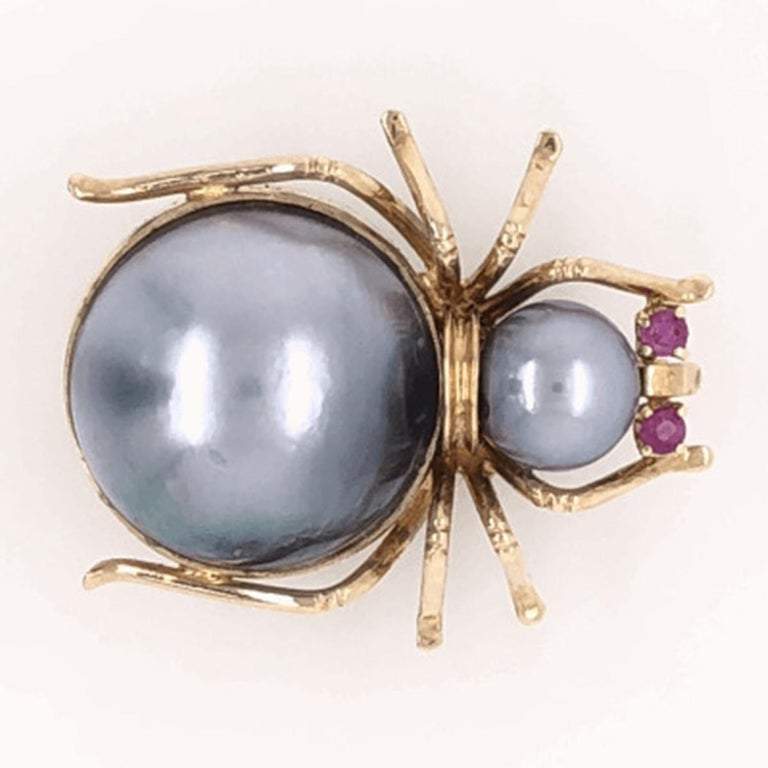 Vintage Chalcedony & Pearl Spider Brooch Pin or Tie Tack 14K