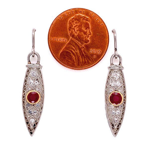 Art Deco Style Ruby and Diamond Platinum Dangle Earrings Fine Estate Jewelry