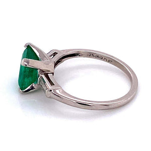 1.93 Carat Green Emerald and Baguette Diamond Platinum Ring Estate Fine Jewelry