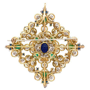 Mid-Century Modern Diamond Sapphire Emerald Gold Brooch Pin Estate Fine Jewelry