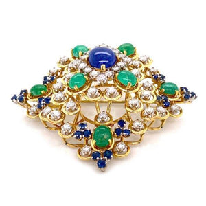 Mid-Century Modern Diamond Sapphire Emerald Gold Brooch Pin Estate Fine Jewelry