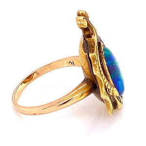 Arts & Crafts Australian Black Opal Gold Cocktail Ring Fine Estate Jewelry
