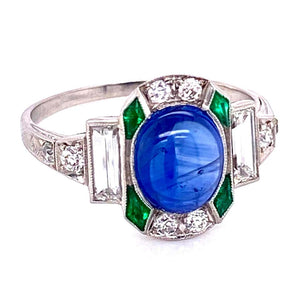 Sapphire Emerald and Diamond Art Deco Style Platinum Ring Fine Estate Jewelry