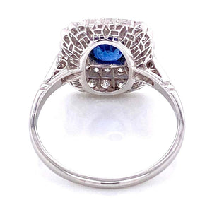 Cushion Blue Sapphire Diamond Art Deco Style Platinum Ring Fine Estate Jewelry
