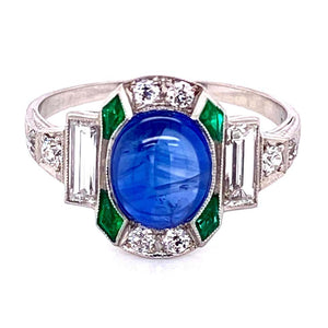 Sapphire Emerald and Diamond Art Deco Style Platinum Ring Fine Estate Jewelry