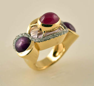 Pink Amethyst, Star Ruby, Ruby and Diamond Gold Ring Tony Duquette Fine Jewelry