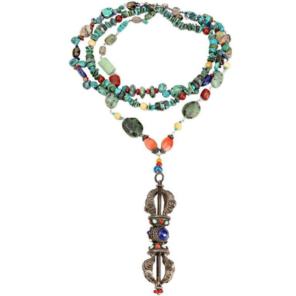 Turquoise Coral Lapis Agate Sterling Silver Dorje Necklace