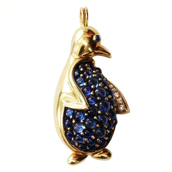 Alessandria Sapphire Encrusted Gold Penguin Pin Brooch Pendant