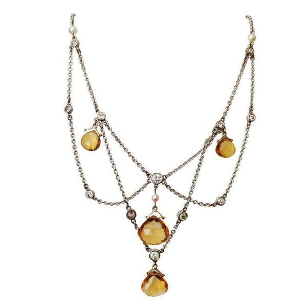Diamond Citrine Briolette Pearl Gold Festoon Necklace