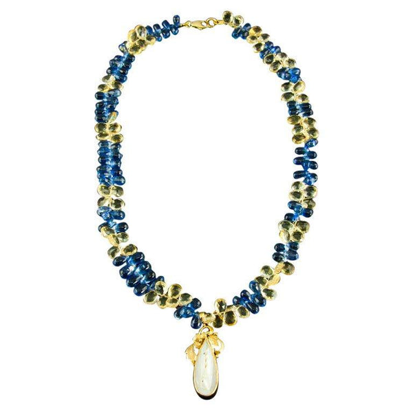 Amazing Sapphire and Citrine Briolettes Pearl Yellow Gold Necklace