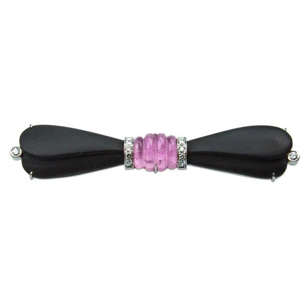 Black Onyx Pink Tourmaline Diamond Gold Bow Pin