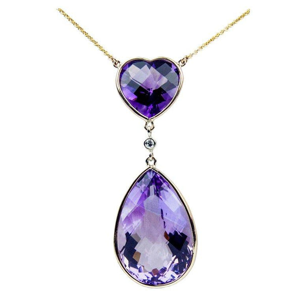 Heart and Teardrop Amethyst Diamond Gold Pendant Necklace