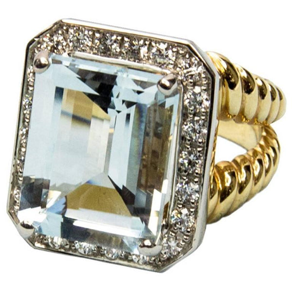 Step-Cut Aquamarine Diamond Gold Ring