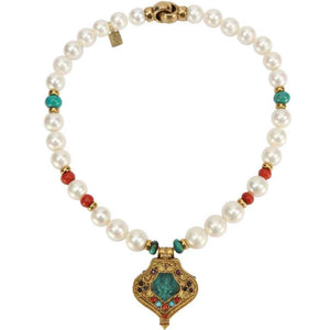 Pearl Coral and Turquoise Necklace with a Tibetan Gau Gilt Silver Pendant