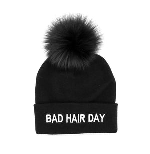 Black Knitted "Bad Hair Day" Beanie with Fox Pom Pom
