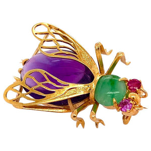 12 Carat Amethyst, Jade and Ruby Gold Bee Bug Brooch Pin Estate Fine Jewelry
