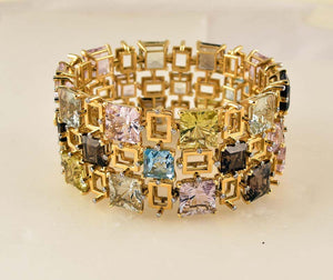 Blue Topaz Quartz Amethyst and Diamond Tony Duquette Gold Bracelet Fine Jewelry
