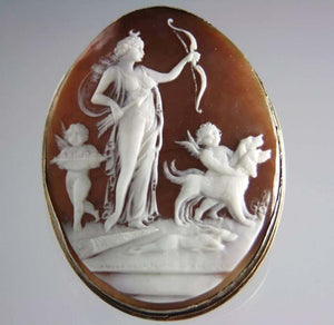 Carved Shell Cameo Diana The Huntress and Cherubs S/S Brooch Estate Fine Jewelry