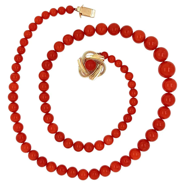Natural Red Coral Bead and Gold Clasp Necklace
