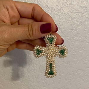 Exceptional Pearl and Emerald Gold Cross Pendant Fine Estate Jewelry