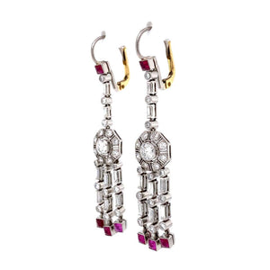 Diamond and Rubies Platinum Chandelier Drop Earrings Estate Fine Jewelry