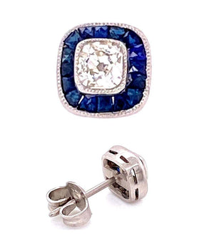 Sapphire and Cushion-Cut Diamond Platinum Halo Stud Earrings Estate Fine Jewelry
