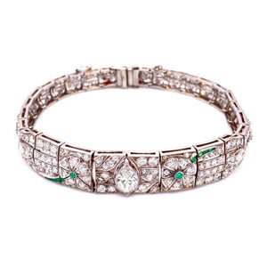 5.75 Carat Diamond and Emerald Art Deco Platinum Bracelet Estate Fine Jewelry