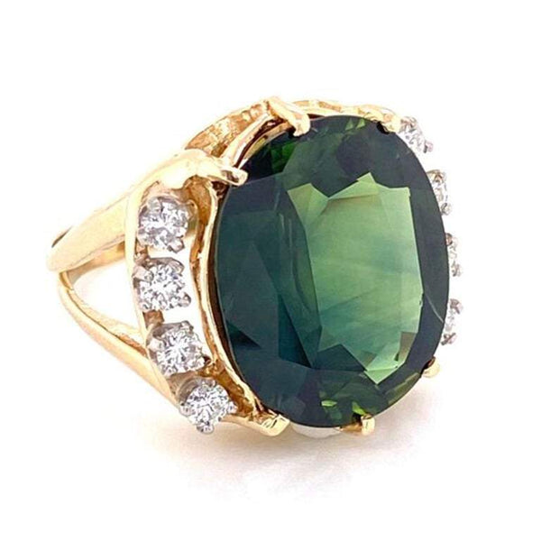 10.92 Green Sapphire and Diamond Gold Cocktail Ring Fine Estate Jewelry
